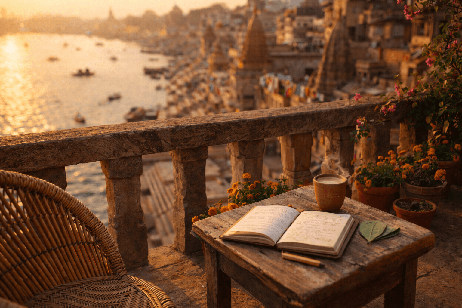 Rooftop guesthouse view over Varanasi ghats at golden hour