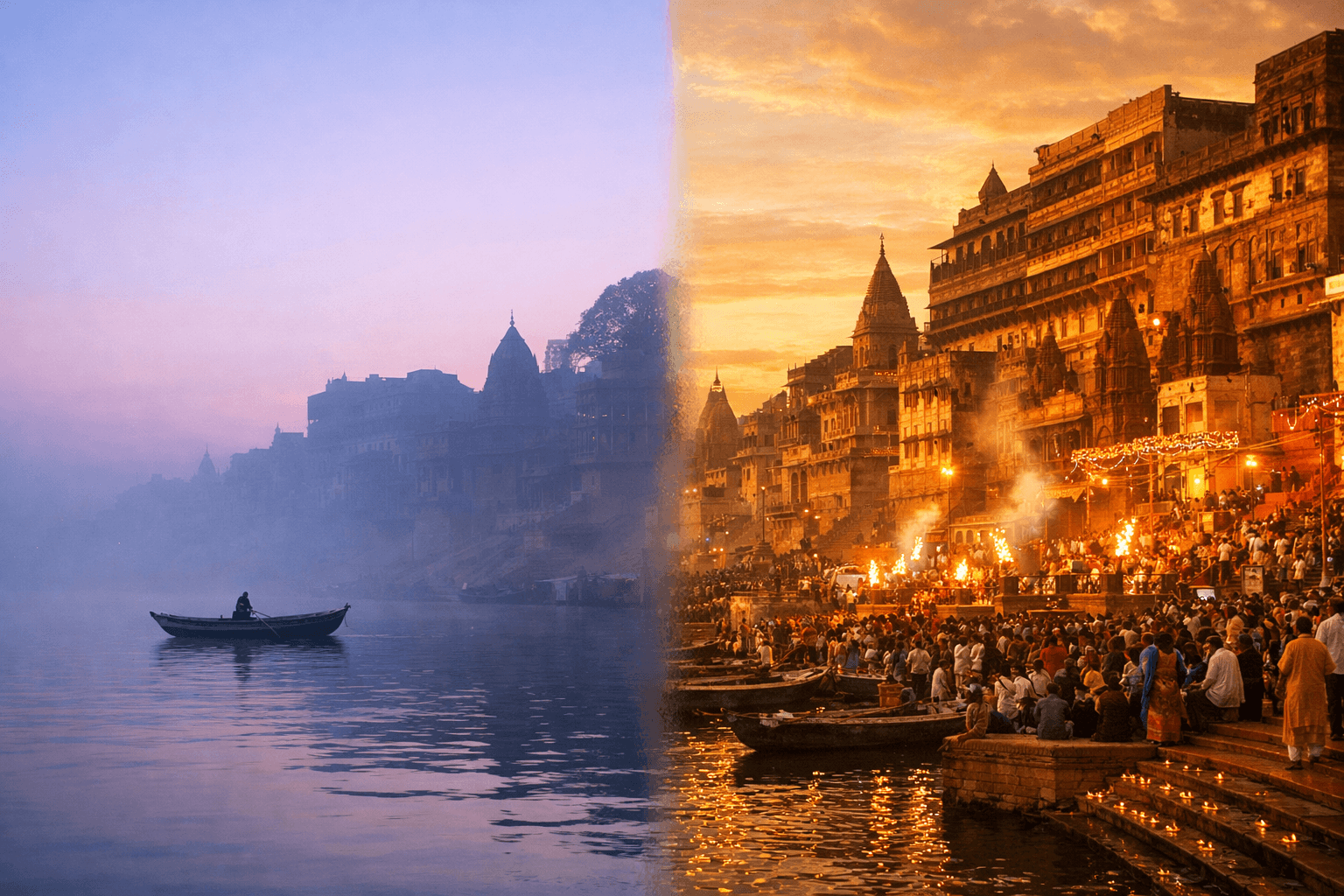 Varanasi ghats at golden hour with boats on the Ganges and evening aarti smoke rising