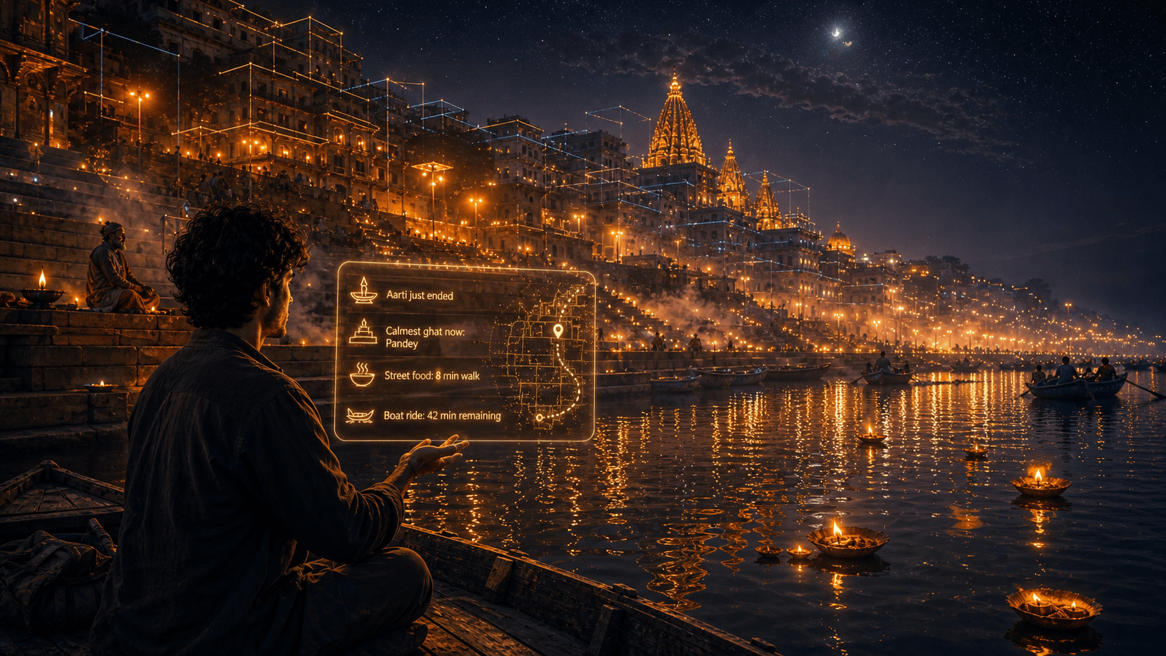 Lit-up Varanasi ghats reflected on the Ganga River at night
