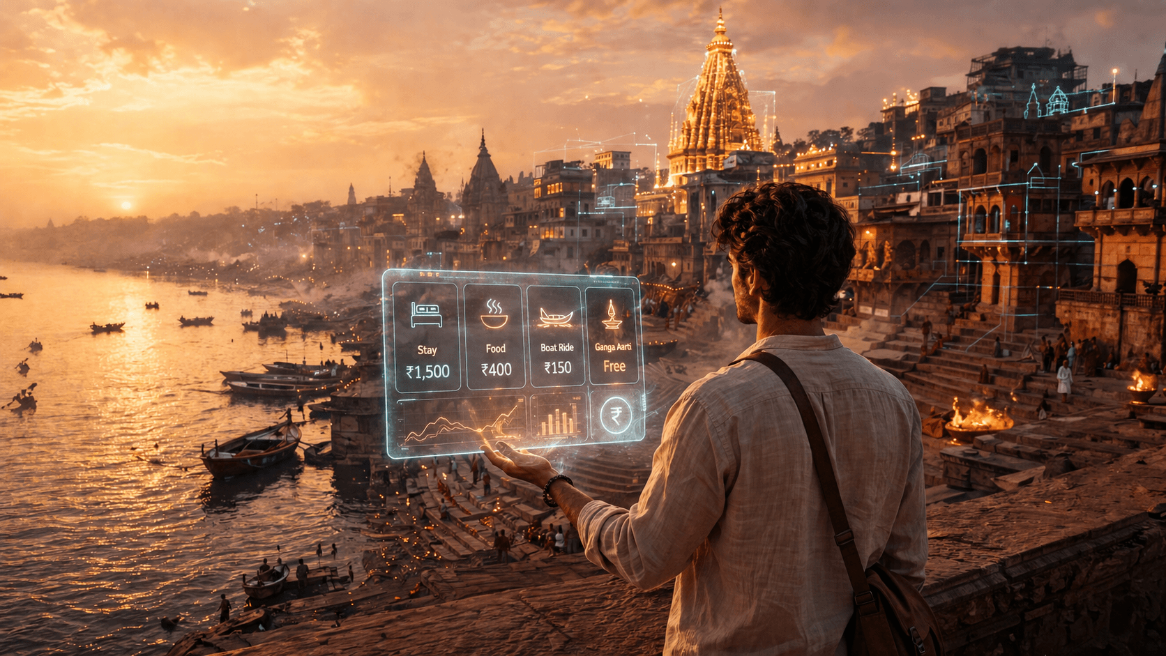 Varanasi trip budget planning with rupee notes and city map