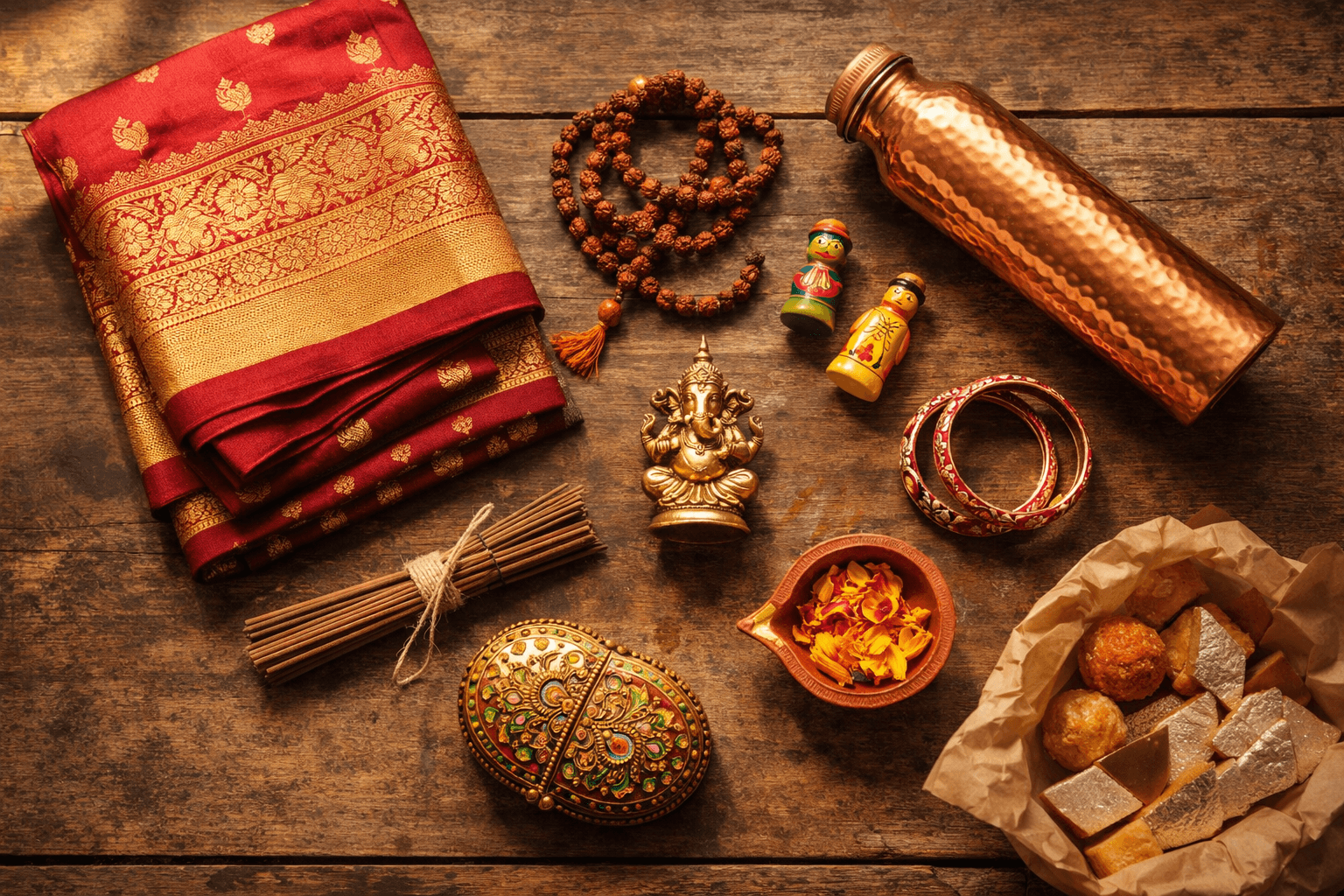 Flat lay of Varanasi souvenirs including Banarasi silk, brass idols, wooden toys, and Rudraksha beads